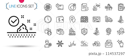 Pack of Dollar wallet, Move gesture and Flight time line icons. Include Loyalty gift, Shield, Parcel insurance pictogram icons. Storage, Cable section, Positive feedback signs. Vector 114537297
