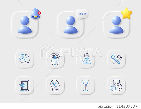 Stand lamp, Pay and Phone message line icons. Placeholder with 3d star, reminder bell, chat. Pack of Warning, Spanner tool, Voting campaign icon. Depression treatment, Entrance pictogram. Vector 114537337
