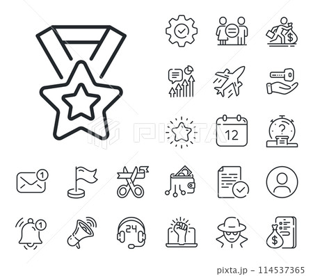 Award star medal sign. Salaryman, gender equality and alert bell outline icons. Winner ribbon line icon. Best achievement symbol. Winner ribbon line sign. Spy or profile placeholder icon. Vector 114537365