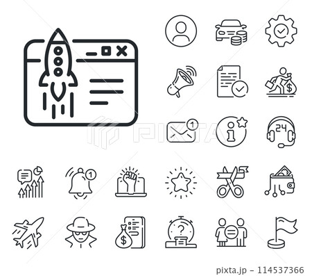 Launch crowdfunding project sign. Salaryman, gender equality and alert bell outline icons. Start business line icon. Innovation symbol. Start business line sign. Vector Launch crowdfunding project sign. Salaryman, gender equality and alert bell outline icons. Start business line icon. Innovation symbol. Start business line sign. Vector 114537366