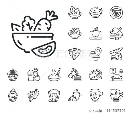 Vegetable food sign. Crepe, sweet popcorn and salad outline icons. Salad line icon. Healthy meal symbol. Salad line sign. Pasta spaghetti, fresh juice icon. Supply chain. Vector 114537391
