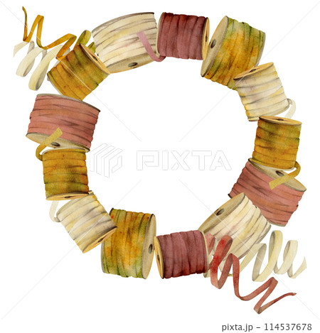 Hand drawn watercolor illustration sewing embroidery craft supplies. Threads ribbons spools bobbins fabric serpentine. Frame wreath isolated on white background. Design atelier, tailor, hobby shop 114537678
