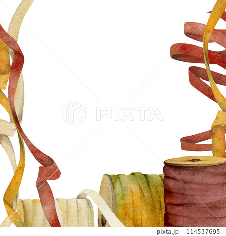 Hand drawn watercolor illustration sewing craft embroidery supplies. Threads ribbons spools bobbins fabric. Frame isolated on white background. Design atelier, tailor, hobby shop, fashion boutique Hand drawn watercolor illustration sewing craft embroidery supplies. Threads ribbons spools bobbins fabric. Frame isolated on white background. Design atelier, tailor, hobby shop, fashion boutique 114537695