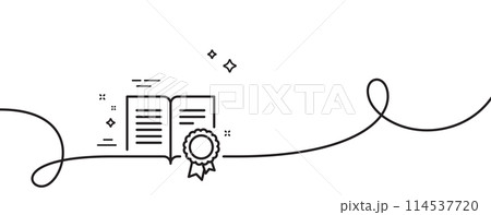 Diploma with Medal line icon. Continuous one line with curl. Certificate document symbol. Approved badge or Winner medal sign. Diploma single outline ribbon. Loop curve pattern. Vector 114537720