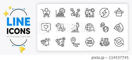Employees wealth, Approved and Place line icons set for app include Fake news, Video conference, Seo graph outline thin icon. Get box, Notification cart, Fraud pictogram icon. Vector 114537745