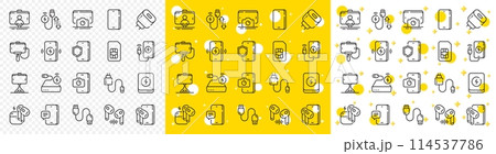 Sim card, selfie stick and wireless charger set. Mobile accessories line icons. Power bank battery, mobile headphones and usb type-c cable line icons. Fast charger, phone accessories. Vector Sim card, selfie stick and wireless charger set. Mobile accessories line icons. Power bank battery, mobile headphones and usb type-c cable line icons. Fast charger, phone accessories. Vector 114537786