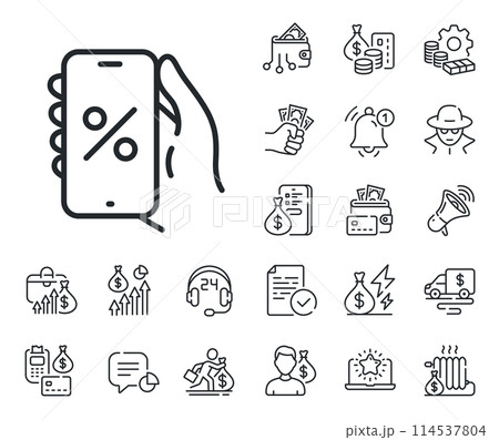 Sale offer sign. Cash money, loan and mortgage outline icons. Discounts app line icon. Phone promotion price symbol. Discounts app line sign. Credit card, crypto wallet icon. Vector 114537804