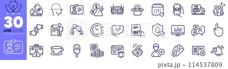 Music making, Alarm sound and Parcel invoice line icons pack. Click hands, Deflation, Gift web icon. Waterproof, Love letter, Warning briefcase pictogram. Packing boxes. Design with pen tool. Vector 114537809