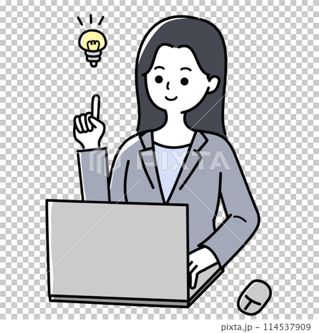 A woman in a suit making a proposal in front of a laptop A woman in a suit making a proposal in front of a laptop 114537909