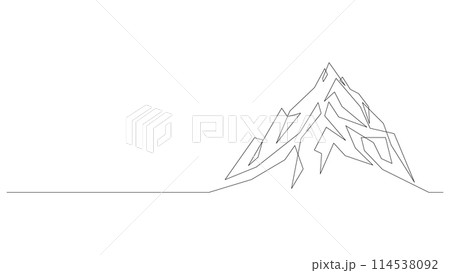 One continuous line drawing of mountain landscape. Adventure winter sports concept - web banner drawn by single line. Doodle vector illustration. 114538092