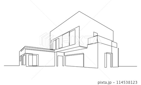 Modern flat roof house or commercial building continuous line drawing. Minimalist black one line sketch vector illustration. 114538123