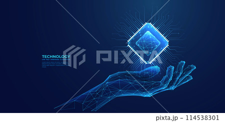 Abstract digital semiconductor hologram in technology hand.  114538301