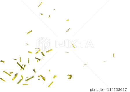 Golden Confetti Foil fall splashing in air. Gold Confetti Foil explosion flying, abstract cloud fly. Many Party glitter scatter in many group. White background isolated high speed shutter freeze 114538627