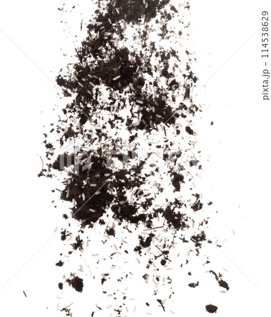 Soil dirt white rice mix fly explosion. Rice soil fertilizer abstract cloud fly. Soil mix jasmine rice planting splash stop in air. white background isolated high speed freeze motion 114538629