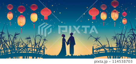 A couples silhouette stands under a starry sky adorned with vibrant paper lanterns, creating an enchanting and romantic atmosphere. 114538703