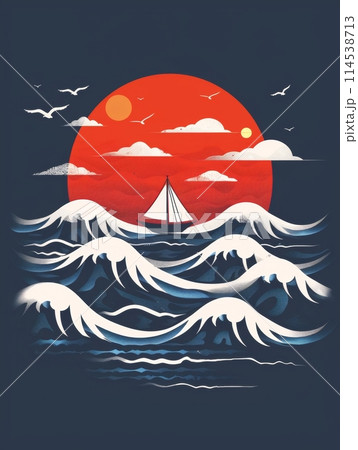 A graphic illustration showing a solitary yacht on the sea with a large sun setting in the background, accompanied by soaring seagulls. 114538713