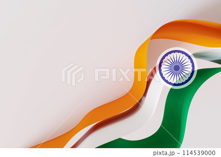 Vibrant, abstract representation of the Indian flag with flowing curves. Indian Independence Day, concept of patriotism and national pride. Empty, copy space for text, advertising. 3D render. 114539000