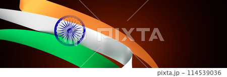 Vibrant, abstract representation of the Indian flag with flowing curves. Indian Independence Day, concept of patriotism and national pride. Copy space for text, advertising. Panoramic banner. 3D. 114539036