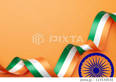 Flowing ribbon in the colors of the Indian flag, on an orange background, with the blue Ashoka Chakra. Indian Independence Day. Empty, copy space for text, advertising. 3D render. Flowing ribbon in the colors of the Indian flag, on an orange background, with the blue Ashoka Chakra. Indian Independence Day. Empty, copy space for text, advertising. 3D render. 114539038
