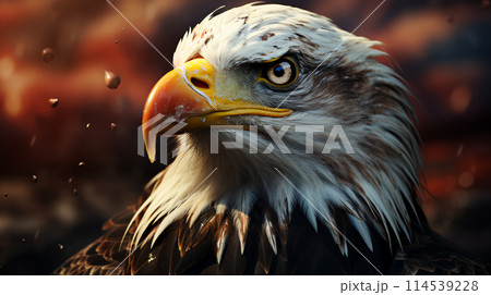 The head of an eagle against the background of the US flag as a symbol of America's independence. AI generated 114539228