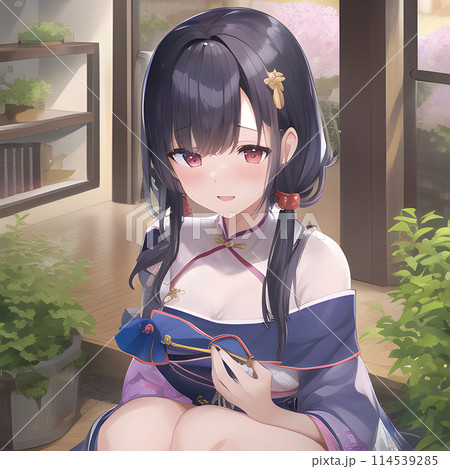 屋敷で座って休憩する女の子 114539285