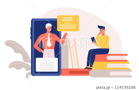 Online education. Boy sitting on stack of books learning with smartphone. Pupil or student having distant learning 114539286