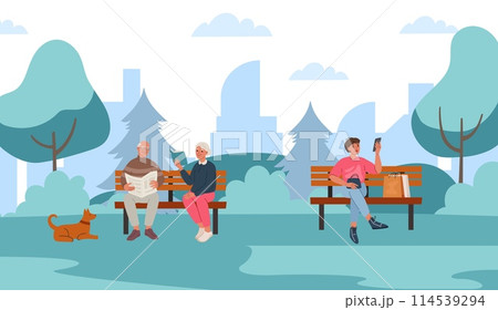 Leisure activities on park benches. Cartoon elderly people sitting in public park and reading newspaper or book 114539294