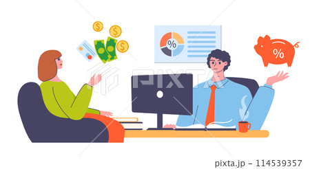 People money save, success financial investment concept. Woman client coming to bank, opening savings account 114539357