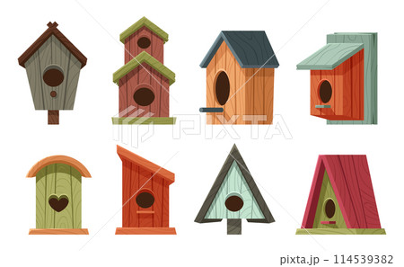 Cartoon wooden bird houses. Colorful isolated forest or garden bird feeders for cold season. Outdoor homes for animals 114539382
