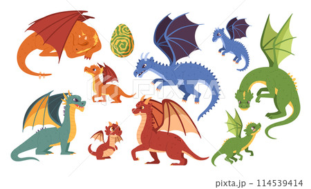 Adult and young magic dragons. Magical creature egg, dragon family and mythical beasts cartoon vector illustration set 114539414