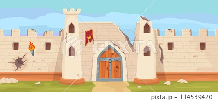 Broken medieval castle stone walls. Damaged fortress gate, royal stronghold defense cartoon vector background illustration 114539420