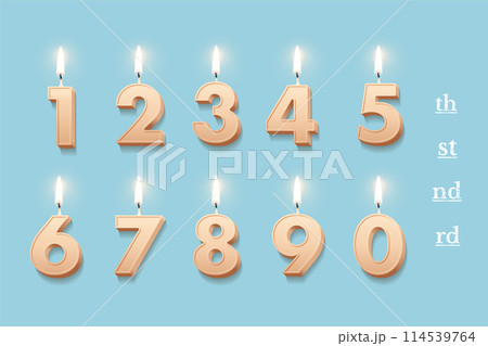 Birthday candles set for anniversary cake vector illustration. 3D realistic beige wax numbers with fire, burning numeral figures with candlelight on blue background for invitation, greeting card 114539764
