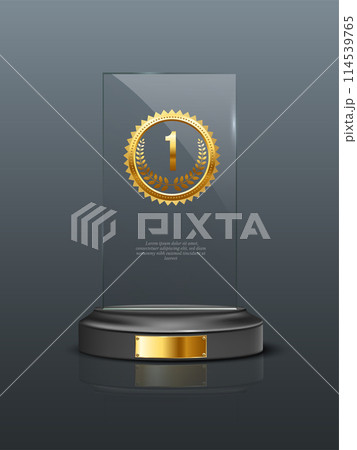 Glass champion award realistic vector illustration. Crystal prize with blank golden medals 3D isolated clipart on gray background. Competition winner reward. Trophy design element 114539765