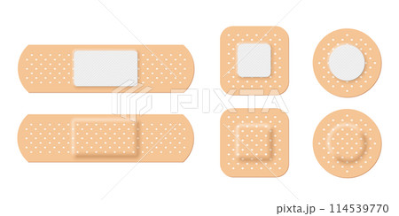 Adhesive bandage set of rectangle, square and round shapes vector illustration. 3d realistic elastic band aid, back and front view of beige plaster for emergency medical care isolated on white 114539770