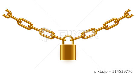 Padlock and chain vector illustration. Steel gold lock with link isolated on white background. Secure privacy and business information. Personal data protection. Safety golden concept Padlock and chain vector illustration. Steel gold lock with link isolated on white background. Secure privacy and business information. Personal data protection. Safety golden concept 114539776