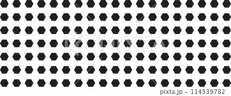 Repeating black hexagones on white background. Perforated surface with honeycomb holes. Bee hive texture. Pegboard, radiator or speaker grid. Mosaic wall or floor pattern. Vector graphic illustration 114539782