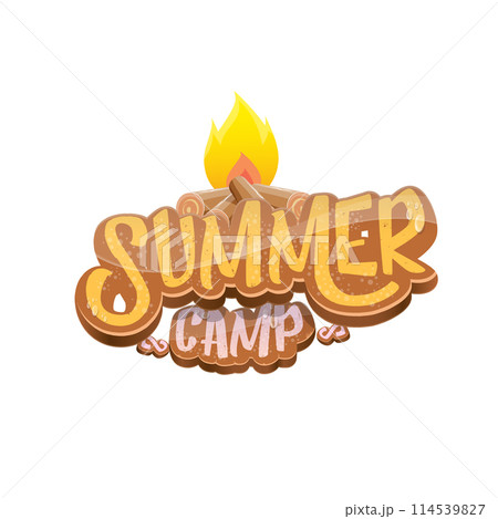 vector summer camp cartoon logo with campfire isolated on white background. Summer camp vintage funky flyer, funny label and poster design template with fireplace and summer camp text 114539827