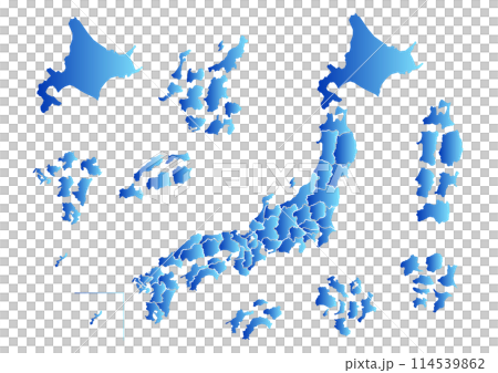 青グラデーションの日本地図イラスト(バラバラにした都道府県) 114539862