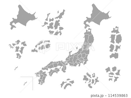 灰色ドット柄の日本地図イラスト(バラバラにした都道府県) 114539863