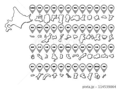 黒線縁取り日本地図の都道府県アイコンイラスト 114539864