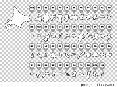 黒線縁取り日本地図の都道府県アイコンイラスト 114539864