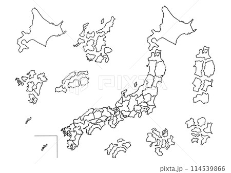 黒線縁取りの日本地図イラスト(バラバラにした都道府県) 114539866