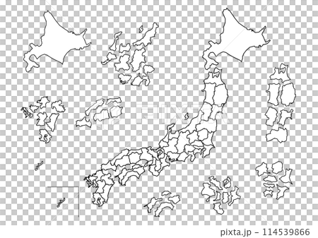 黒線縁取りの日本地図イラスト(バラバラにした都道府県) 114539866