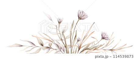 Watercolor frame of floral delicate pastel vintage green violet purple green bouquet. Hand drawn illustration isolated on white background. Flower and leaves composition for stationary or textile 114539873