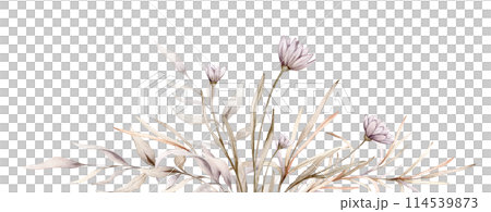 Watercolor frame of floral delicate pastel vintage green violet purple green bouquet. Hand drawn illustration isolated on white background. Flower and leaves composition for stationary or textile 114539873