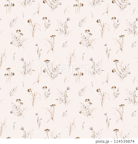 Watercolor seamless pattern with floral delicate pastel vintage green violet purple bouquet. Hand drawn illustration isolated on background. Flower and leaves composition for textile or background 114539874