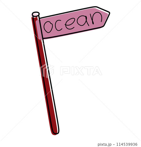 Wooden pointer to Ocean. Summer signpost flat Vector Cartoon and Linear illustration on white background isolated. Vacation and Travel concept Design Object with Text. Lettering Graphic Art 114539936