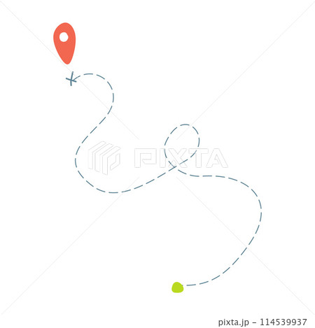 Road line path Vector icon, Route with start point, Dash line trace and Destination. Hand drawn Flat Cartoon Illustration Isolated on White. Map Tag and dotted line Design Object, Vacation and Travel 114539937