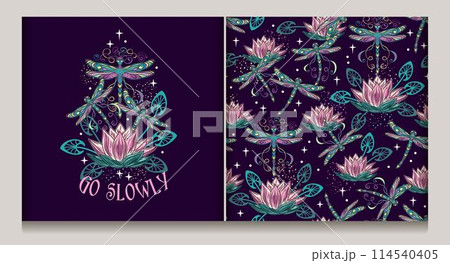 Fairy ale pattern, emblem with lotus, dragonflies Fairy ale pattern, emblem with lotus, dragonflies 114540405