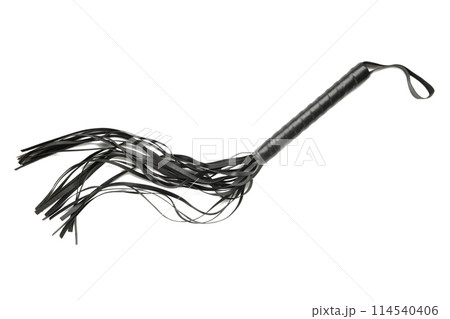 Leather bdsm whip isolated on white background. Erotic toys for BDSM Leather bdsm whip isolated on white background. Erotic toys for BDSM 114540406